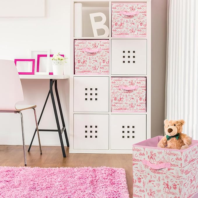 6 Pcs Pink Western Cube Storage Bins 12.5 Inch Cowgirl Storage Basket with Handle, Preppy Girls Organizer Basket, Collapsible Fabric Box for Classroom Bedrooms Office Home Decoration (Pink western) - Image 4