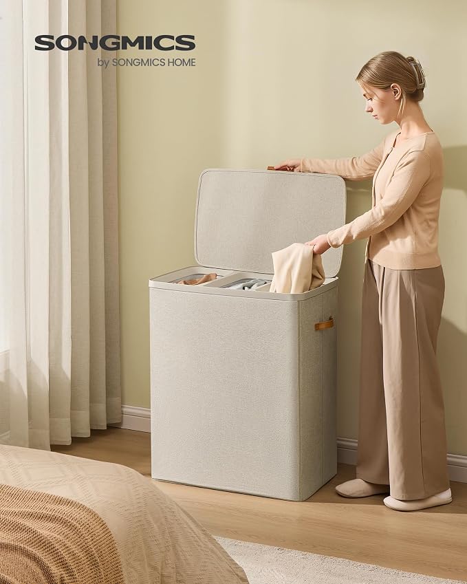 SONGMICS Laundry Basket, 50.2 Gal. Laundry Hamper, 3 Compartments, Easy Assembly, with Lid and Handles, Removable Liners, 25.2 x 15.7 x 29.5 Inches, Cappuccino Beige ULCB814LH01 - Image 2