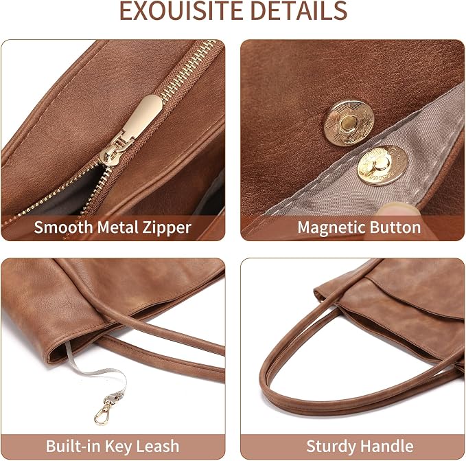 GAEKEAO Tote Bag for Women Vegan Leather Zipper Shoulder Bags Travel Purses | Large Capacity Purse Handbags, Inner Pocket with Key Clip, Fits 14" Laptop, for Casual Work Dating Commute Daily Weekender - Image 6