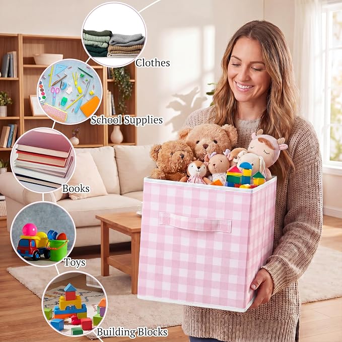 Yalikop 6 Pcs Pink Gingham Cube Storage Bins, 11 Inch Fabric Checkered Classroom Storage Bins Organizer with Handle Preppy Collapsible Cubby Basket for Classroom Home Nursery Playroom Bedroom - Image 7