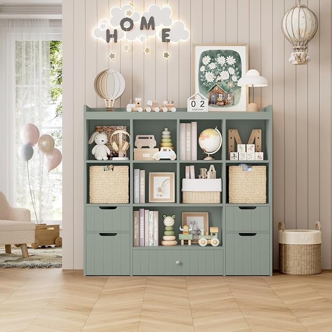 HORSTORS 48" W Kids Toy Storage Organizer, Kids Bookshelf w/Storage, Green | 2 Mobile Toy Boxes & 3 Drawers, Toy Storage Chest with Open Cubbies for Boys and Girls, Kids Bookcase for Playroom, Classroom - Image 7