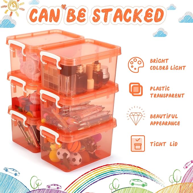 6 Pack Colorful Plastic Storage Bins with Lids 4 Quart Small Storage Latch Box Stackable and Nestable Clear Organizer Bins with Latching Handle and Buckle for Organizing(Orange) - Image 4