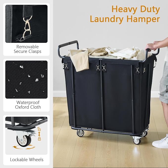 Gewudraw Extra Large Laundry Hamper with Wheels, Heavy Duty Hamper, 360L | Rolling Big Laundry Basket for Clothes Storage, Laundry Cart with Handle, Steel Frame, Clothes Hampers for Laundry - Image 4