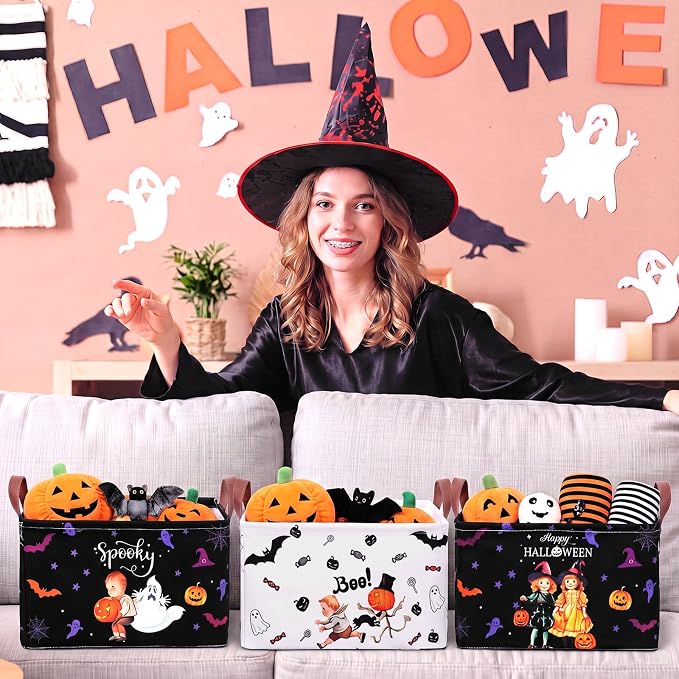 CHENGU Halloween Storage Bin Collapsible Halloween Basket for Gifts Buffalo Plaid Holiday Decor Large Pumpkin Basket Foldable Trick or Treat Box with Handle for Bedroom Office Home - Image 6