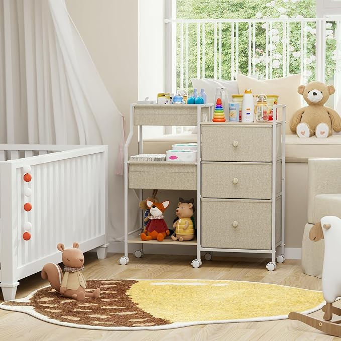 Modanais Baby Diaper Caddy Organizer Rolling Cart with Drawers, Off White | Detachable Dividers, 3 Tier Rolling Cart, Mobile Utility Cart with Wheels for Nursery, Bedroom, Changing Table & Crib - Image 7