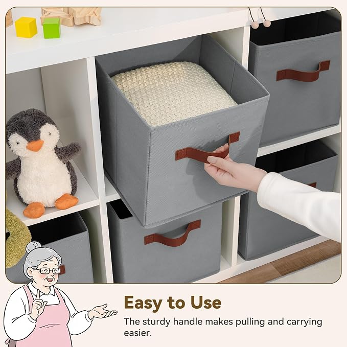 GRANNY SAYS 11 Inch Cube Storage Bins, 6-Pack Fabric Storage Bins, Grey | Collapsible Storage Boxes with Thickened Base Plate, Sturdy Handles, Decorative Baskets for Shelves, Closet - Image 5
