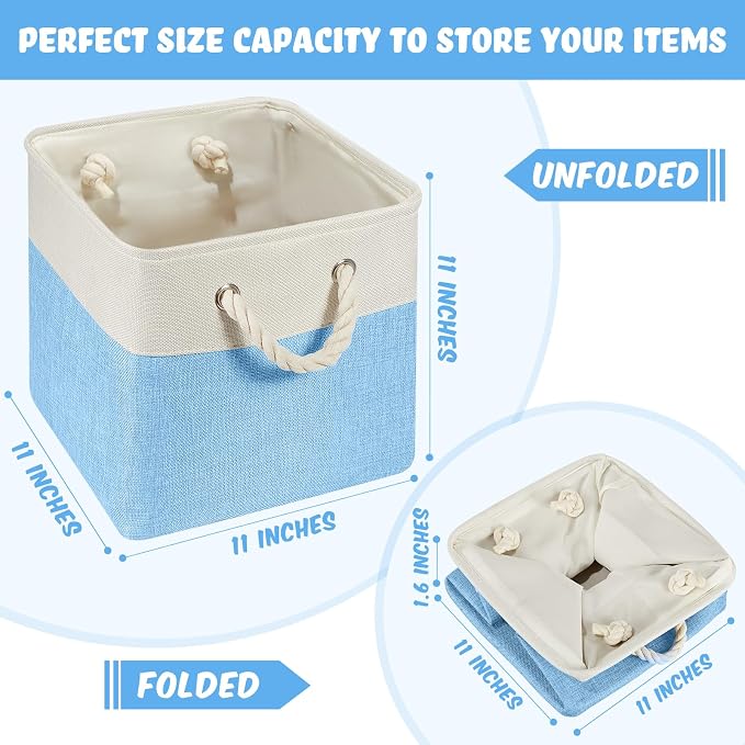6 Pack 11x11 Inch Blue Cube Storage Bins Fabric Square Cube Baskets Handle | Blue Foldable Organizer with Sturdy Handles, Home Closet Bin for Shelves, Durable Cube Baskets Bulk for Home Storage - Image 2
