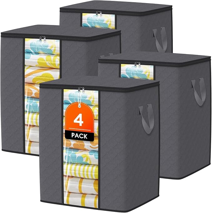 SpaceTrove Clothes Storage Bags, 4-Pack Comforter Blanket Organizers, 80L Large Capacity Containers with Visual Window for Clothing, Quilt, Sheet, Pillow, Closet Organization for Bedding (Grey) by Unknown