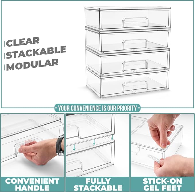 Sorbus Stackable Storage Drawers, Clear Acrylic Pull-Out Organizer (6 Pack) | Wide plastic bins hold baby bottles, cosmetics and bathroom supplies on countertops or inside cabinets and pantries. - Image 4