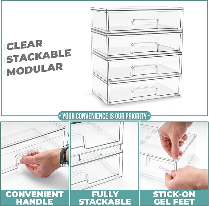 Sorbus Clear Stackable Storage Drawers (4 Pack, 12.1'' Wide) | Acrylic containers with pull-out bins keep cosmetics, brushes and daily items sorted on bathroom counters or in cabinets. - Image 5