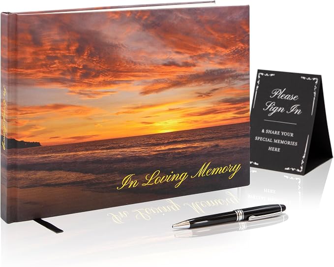Sunset Hardcover Funeral Guest Book - 9.5 x 7 Celebration of Life Guestbook for Memorial Service with 5x7 Paper Sign, Pen, Black Photo Corner Stickers by ModernAlbumDesigns