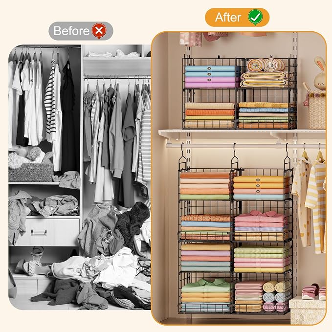 Hanging Closet Organizer with DIY Spacing, Double-Row Closet Hanging Shelves with 4 Adjustable Dividers & 6 Hooks, Heavy Duty Metal Closet Storage Organizer with Front Guard, Split into 2 Units - Image 8
