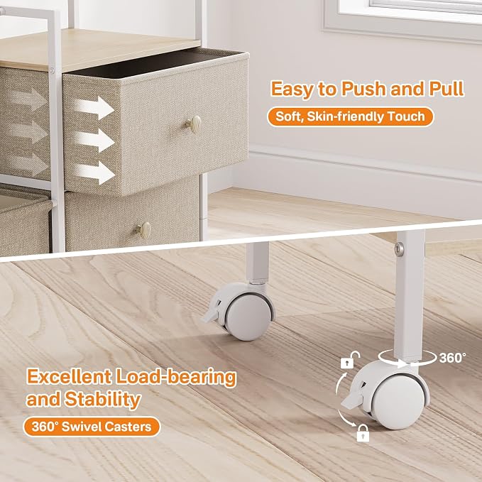 Modanais Baby Diaper Caddy Organizer Rolling Cart with Drawers, Off White | Detachable Dividers, 3 Tier Rolling Cart, Mobile Utility Cart with Wheels for Nursery, Bedroom, Changing Table & Crib - Image 5