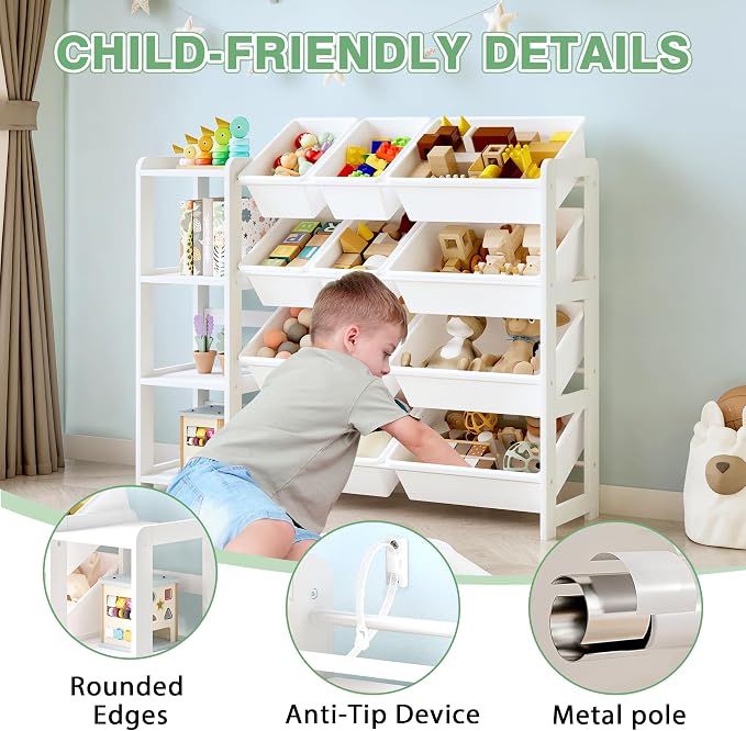 MallBest Toy Storage Organizer with Bookshelf, Kids Wooden Shelf with 12 Removable Bins for Books, Toys, Playroom, Nursery, Bedroom, White, Medium - Image 5