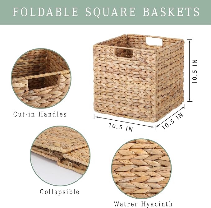 10.5x10.5 Water Hyacinth Storage Baskets, Collapsible Square Wicker Baskets Cube Storage Bins for 11 Inch IKEA Kallax, Set of 3 - Image 4