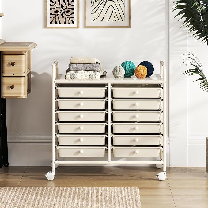 RELAX4LIFE 12-Drawer Rolling Storage Cart - Mobile Utility Cart on Wheels for School Classroom Teacher Office Salon, Paper File Art Supply Craft Organizer, Rolling Cart with Drawers (White) - Image 8