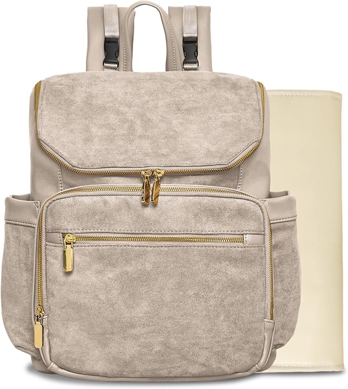 miss fong Leather Diaper Bag Backpack Suede Baby Backpack with Changing Pad | 14Pockets Convertible Mommy Diaper Backpack for Mom Waterproof Wet Pocket,Insulated Pockets,Stroller Straps Luggage Sleeve by missfong