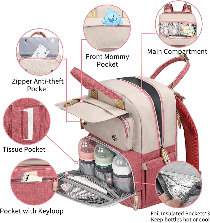 Legestori Diaper Bag Backpack, Baby Girl Diaper Bag, Large Diaper Bag Backpack Gift for Girls, Baby Diper Backpack for Travel with Insulated Pockets and Stroller Straps - Image 4