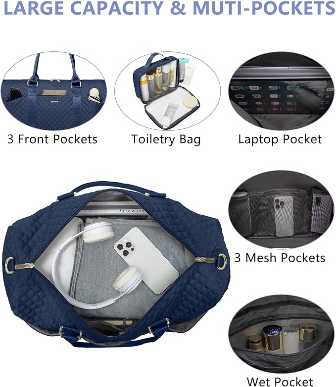 Women Weekender Travel Duffle Bag: Travel Duffel Overnight Bags with Shoe Compartment Large Carry on Tote with Toiletry Bag Weekend Traveling Yoga Gym Hospital Bag for Women with Wet Pocket Blue - Image 4