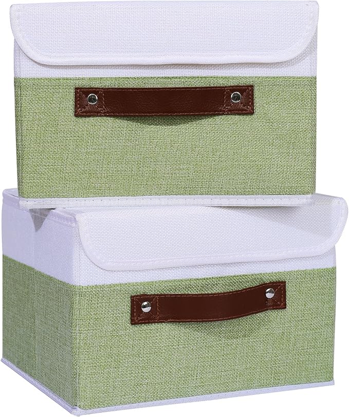 ANMINY Fabric Storage Box Bins with Lids, Green White, 10"x8"x7", 4 Pack | Keepsake Memory Storage, Cotton Linen, PP Board Reinforced, Washable, PU Handles, Foldable & Stackable, Decorative, Small - Image 2