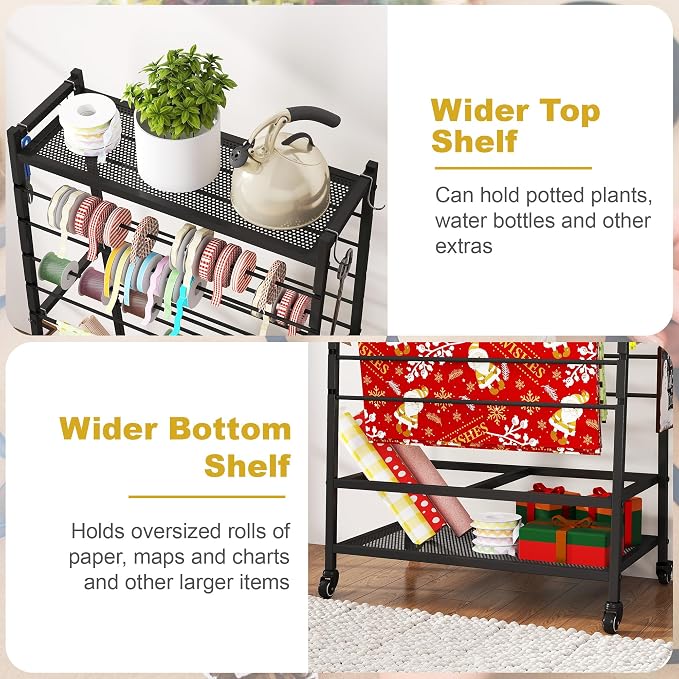Ribbon Organizer for Craft Room, Rolling Ribbon Holder Black | Double-Sided Ribbon Holder Organizer Rack, Metal Craft Christmas Gift Wrapping Paper Holder, Large Ribbon Storage Rack - Image 4