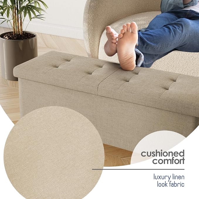 Storage Ottoman Bench with Bins, 43-in Storage Bench for Bedroom End of Bed, Folding Foot Rest Ottoman for Living Room Max 660lbs, Fabric Ottomans, Beige - Image 7