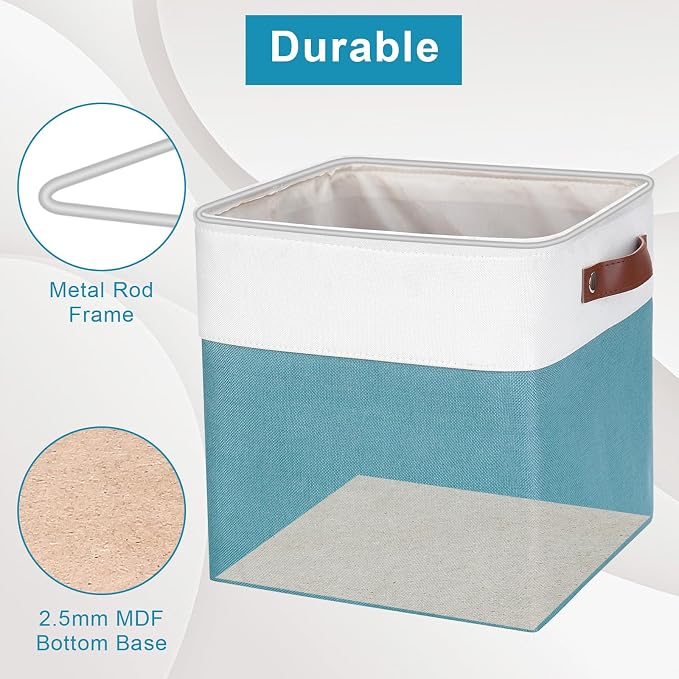 Collapsible Fabric Storage Cubes 11x11 Cube Storage Bins, 4 Pack Closet Baskets Box with Handles for Organizing, Shelf, Toys, Clothes, Home, Office, Nursery (Teal&White) - Image 5