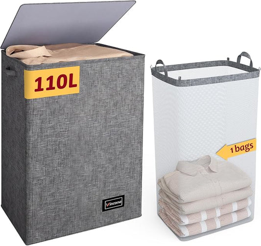110L Laundry Hamper with Lid, Reinforced Sturdy Large Laundry Hamper with Handle and Lid, Collapsible Clothes Basket Organizer with Removable Liner Bag, Tall Dirty Clothes Bin for Dorm Bedroom by Vincona