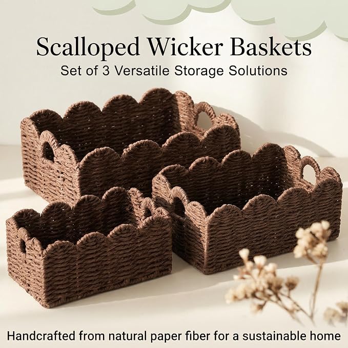 Scalloped Wicker Basket Set of 3, Hand-Woven Storage with Handles | set of 3 brown scalloped baskets with handles. Hand-woven paper rope for shelves, bathroom or closet. Stackable, sturdy. - Image 9