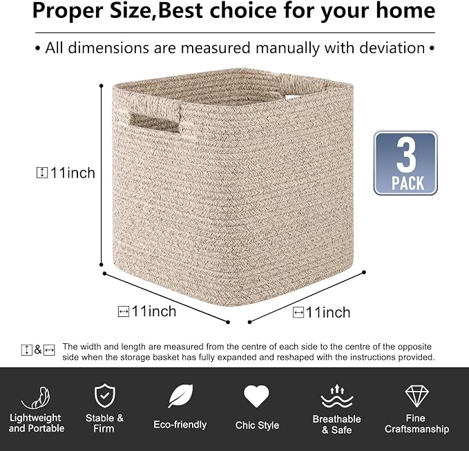 OIAHOMY Storage Cubes 11 Inch Storage Bins-3-Pack, Cotton Rope Woven Baskets for Organizing, Square Storage Baskets for Shelves Organizer, Classroom, Kids Toy Bins, Closet, Baby Nursery-Brown - Image 3