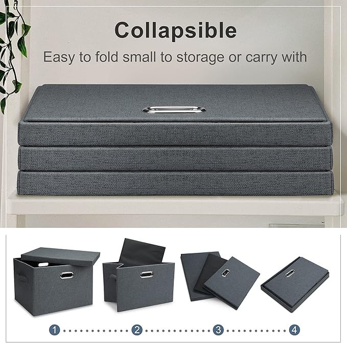 Graciadeco Large 17" 36 Quart Collapsible Stackable Storage Bins with Lids, 3 Packs Dark Gray Foldable Fabric Closet Storage Boxes with Lids, Heavy-duty Linen Cube Baskets(17x12x11) | 36 Quart 3 Pack Dark Gray Collapsible Stackable Linen Fabric 4 Handl... - Image 4