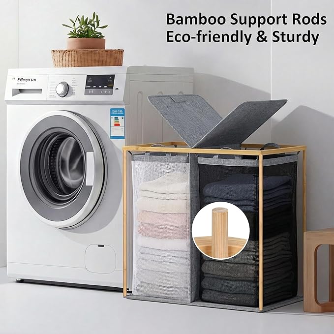 efluky Laundry Hamper with Lid, Double Laundry Basket with 2 Removable Bags, 2 Section Laundry Bin with Bamboo Handles for Bathroom, Bedroom & Laundry Room, 140L (36.9 Gallon) Blue Grey - Image 3