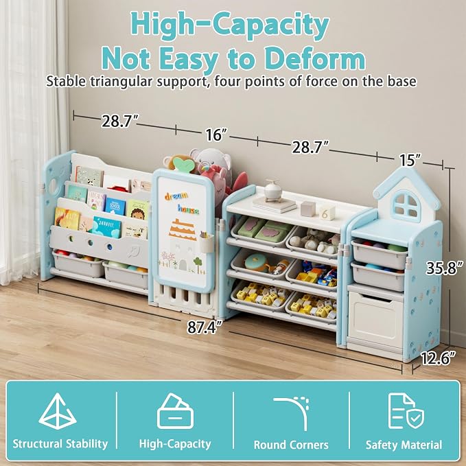 Kids Toy Storage Organizer with 10 Removable Bins, Foldable Toy Organizers and Storage with 3-Tier Bookshelf for Kids Toy Storage Organizer with Drawing Board, Extra 3 Brushes (4 In 1 Light Blue) - Image 2
