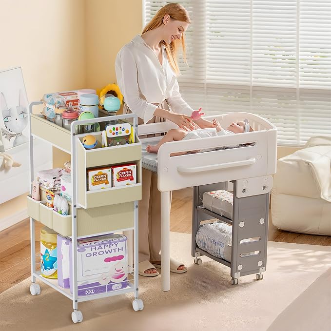JBBTOOL 2In1 Baby Diaper Caddy & 3-Tier Rolling Diaper Cart, Diaper Caddy Organizer with Dividers & Pockets, Mobile Metal Utility Cart for Baby Essentials, Bedroom, Kitchen & Office - Image 6