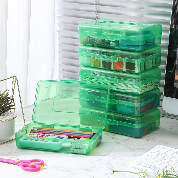 Fainne 24 Pack Clear Plastic Pencil Box,Green | Stackable Organizer for School Supplies, Large Case for Crayons Markers, Snap-lid Keeps Stationery Secure, Bulk Set - Image 4