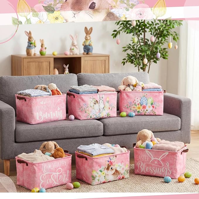 CHENGU 6 Pack Easter Storage Bin Collapsible Cute Easter Basket for Gift Large Pink Bunny Eggs Holiday Decor Rabbit Hunny Bunny Basket Foldable Farmhouse Flower Box with Handle for Bedroom Office Home - Image 7