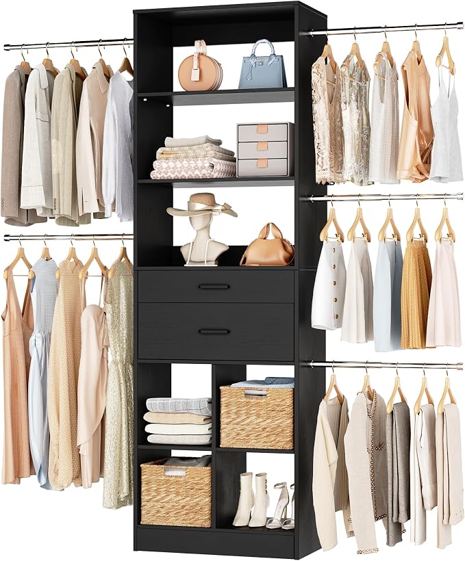 Besiost Small Closet System, 3.2-6.8FT Small Closet Organizer with 5 Hanging Rods, Can Fit 37.5 to 81.9 inch Walk-in Closet System, Built-in, Black, Enclosed Storage Volume 2.32 ft³ by Besiost