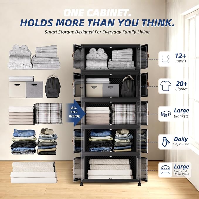 SAILUN 234QT/58Gal Stackable Storage Bins with a Lid, Collapsible Storage Bins with Doors, Folding Cabinet for Home Closet Organization,5 Pack-19.7" W x 12.6" D x 54.5" H Black - Image 5