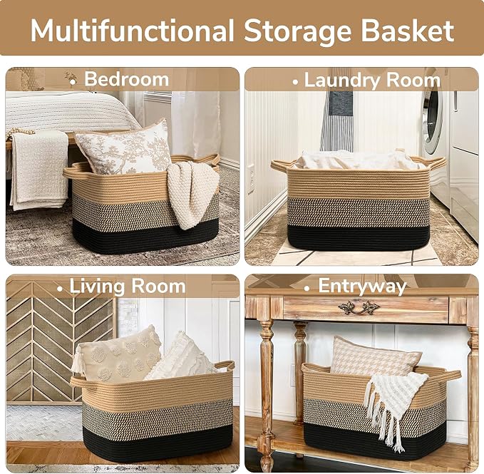 Goodpick Large Woven Blanket Basket, Rectangle, Black Jute, 75L | 21.6'' x 14.9'' x 11.8'' Wicker Storage Basket for Blankets & Toys, Living Room & Bedroom Organization, Reinforced Handles - Image 4