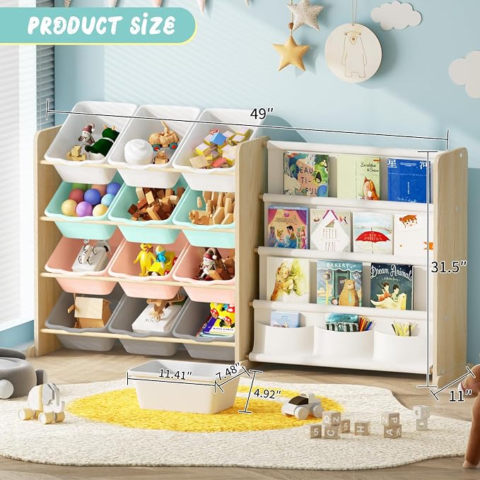 EXPERLAM Kids Toy Storage Organizer with Bookshelf - 12 Multi-Color Bins and 4 Book Shelves, Organizers and Storage for Playroom, Nursery, Room, Burlywood - Image 2