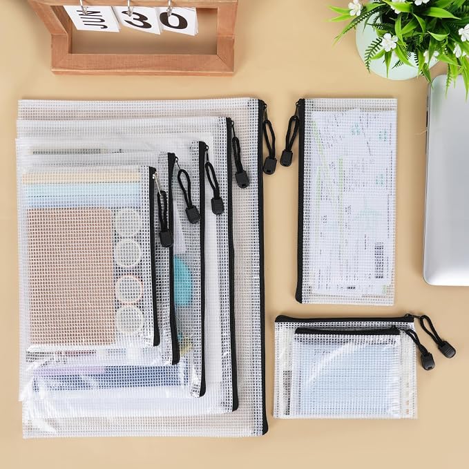 EOOUT 56pcs Mesh Zipper Pouch Bags, 8 Sizes Black Plastic Waterproof Clear Pouches for Organization, Zipper Pouches for School Office Home Supplies Board Game Storage - Image 6