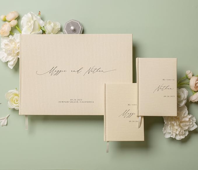 Personalized Wedding Book Set with Guestbook Vow Books (Design 1) - Custom Large 11.5 x 8.5 Guest Signin Book, 5.75 x 4 Vow Books for Marriage Ceremony Reception, Gift for Newly Engaged Couple, Cream by ModernAlbumDesigns