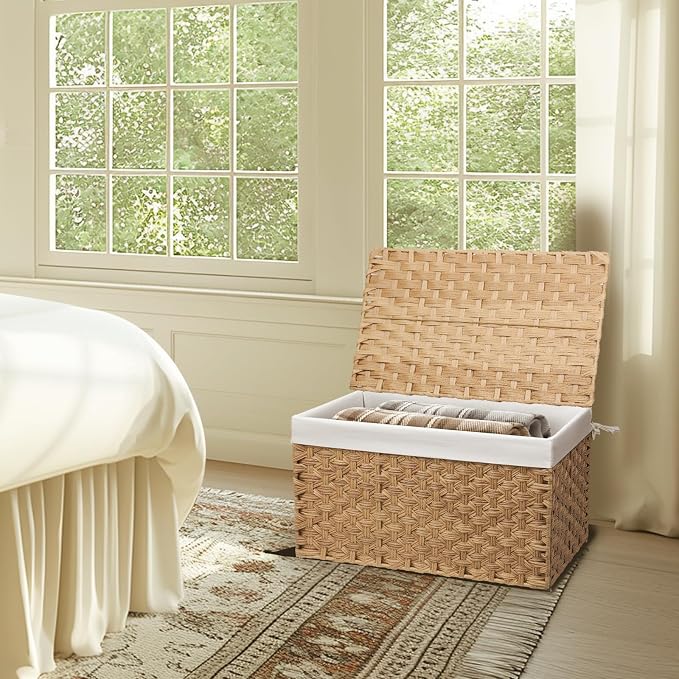 Wicker Storage Basket with Lid, 17.2 Gallon (65L) Small Blanket Basket with Lid, Woven Storage Bin with Handles, Removable Liner, Metal Frame, Foldable, for Bedroom, Laundry Room, Natural - Image 6