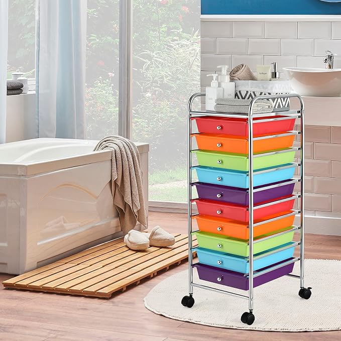 GOFLAME 10-Drawer Rolling Storage Drawer Cart, Utility Cart with Removable Drawers & Metal Frame, Mobile Art Craft Drawer Cart with Lockable Wheels for Home, Office, Studio, School, Multicolor - Image 8