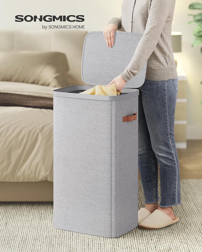 SONGMICS Laundry Basket, 26.4 Gal. Laundry Hamper, Easy Assembly, with Lid and Handles, Removable Liner, 16.5 x 12.6 x 29.5 Inches, Dove Gray ULCB811GD01 - Image 2
