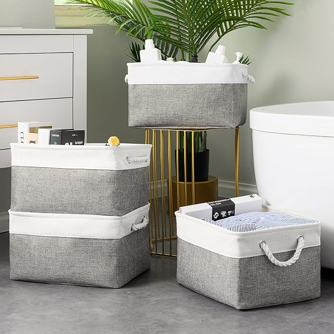 TcaFmac Storage Basket for Organizing - Large 4 Pack 15.8x11.8x8.2 inch Fabric Storage Bins for Shelves, Foldable Storage Cubes for Closet Cloth Toy Gift Kids(White&Grey) - Image 5