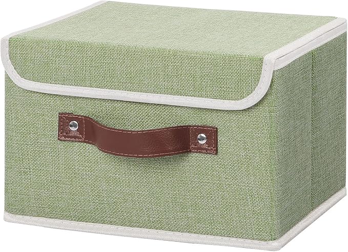 ANMINY Fabric Storage Box Bins with Lids, Green, 10"x8"x7" | Keepsake Memory Storage, Cotton Linen, PP Board Reinforced, Washable, PU Handles, Foldable & Stackable, Decorative, Small by ANMINY