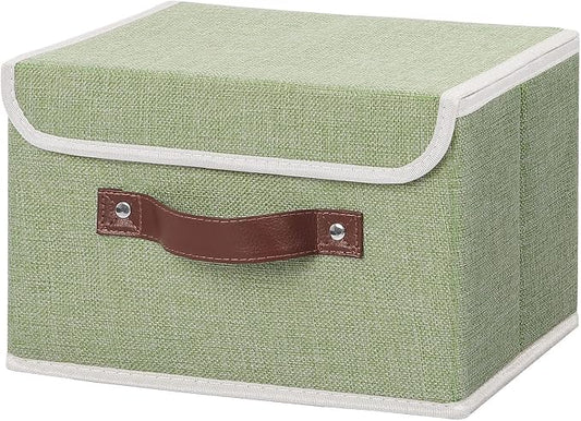 ANMINY Fabric Storage Box Bins with Lids, Green, 10"x8"x7" | Keepsake Memory Storage, Cotton Linen, PP Board Reinforced, Washable, PU Handles, Foldable & Stackable, Decorative, Small by ANMINY