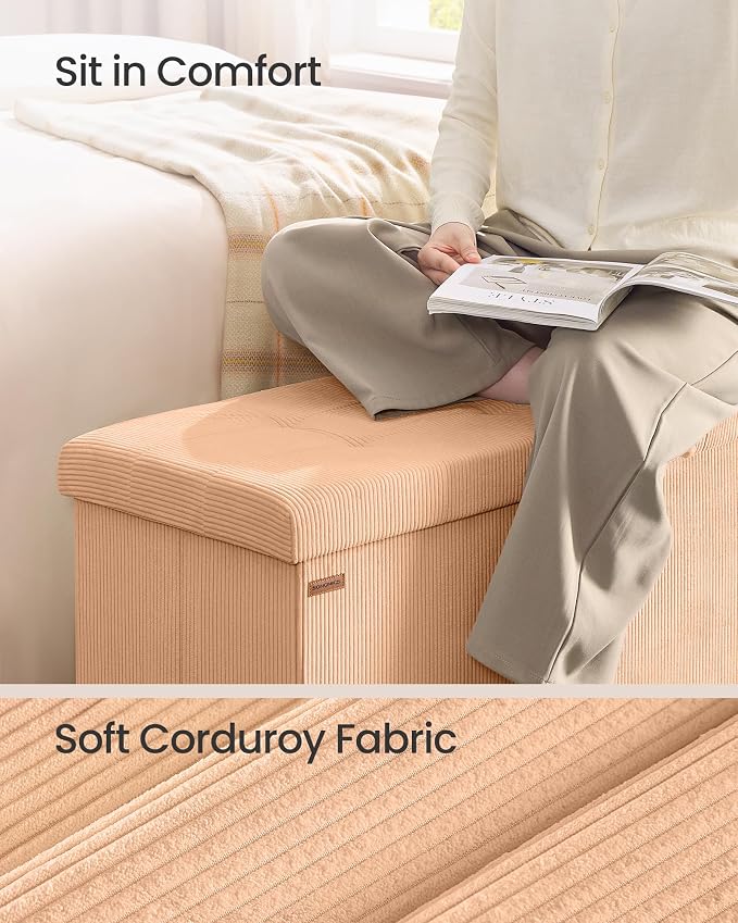 SONGMICS MAZIE Collection - Storage Ottoman Bench, Foldable Foot Rest, 15 x 43 x 15 Inches, End of Bed Bench, Storage Chest, Load 660 lb, Living Room, Bedroom, Entryway, Apricot ULSF604O01 - Image 4