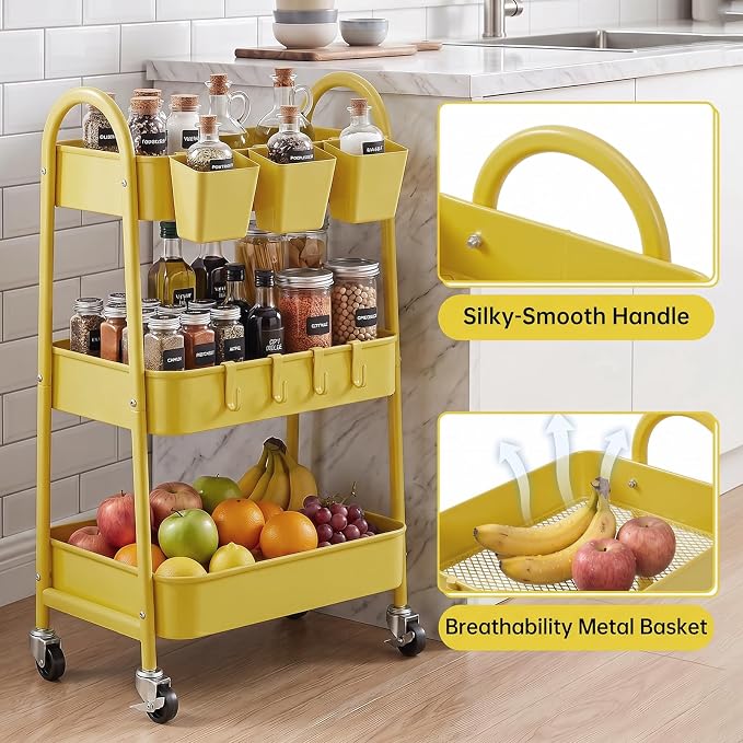 danpinera 3-Tier Rolling Cart, Utility Cart Mobile Metal Rolling Storage Cart with Lockable Wheels & Hanging Cups & Hooks for Kitchen, Bathroom, Office, Workshop, Yellow - Image 3